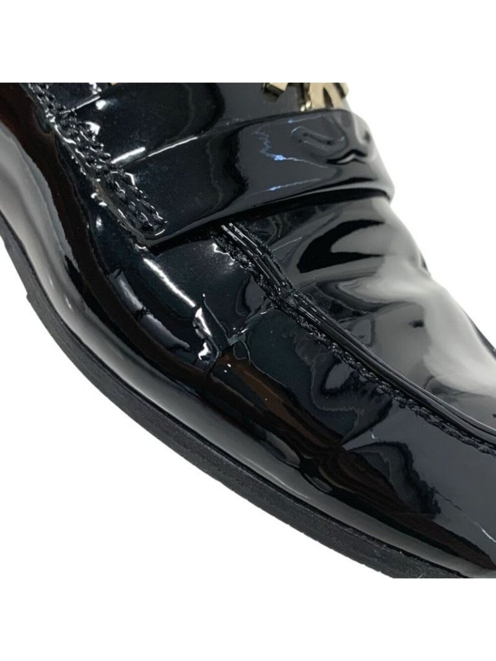 Chanel Loafer Leather Shoes Enamel Black Gold Coco Mark - Picture 9 of 10